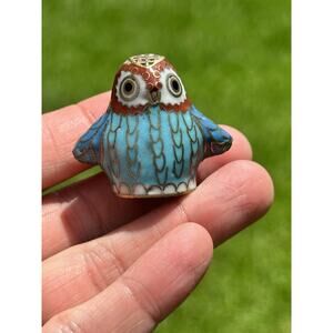 1.2" Old Chinese Copper Cloisonne Enamel Turquoise Blue Owl Flying Bird Thimble